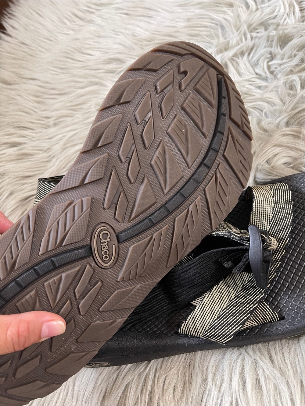 Chaco Black Sandals with Tan-Striped Webbing - Picture 6 of 7